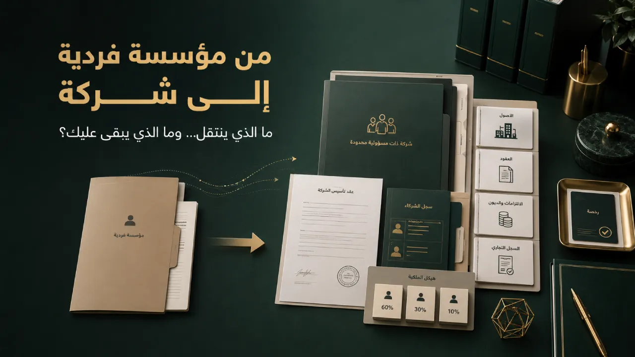 تحويل مؤسسة فردية إلى شركة في السعودية 2026: الشروط والخطوات وآثار نقل الديون والعقود